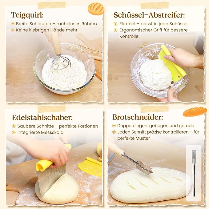 Sourdough Starter Kit with Cotton Rope Banneton Basket & Jar, Bread Baking Supplies and Tools Set, Complete Sourdough Bread Making Kit, Baking Gift for Women Moms & Beginners