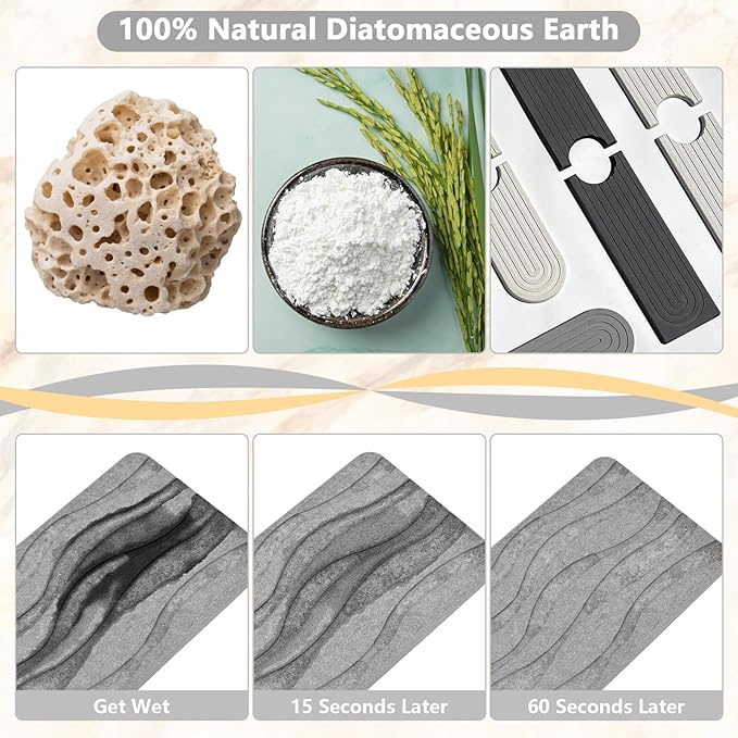 Stone Faucet Mat for Kitchen Sink - Drying Stone with Non-slip Pads, Sink Water Splash Guard for Bathroom Counter, Sink Caddy Holds Soap & Tools, 23.6 × 3.9in, Light Gray, Wavy Motifs