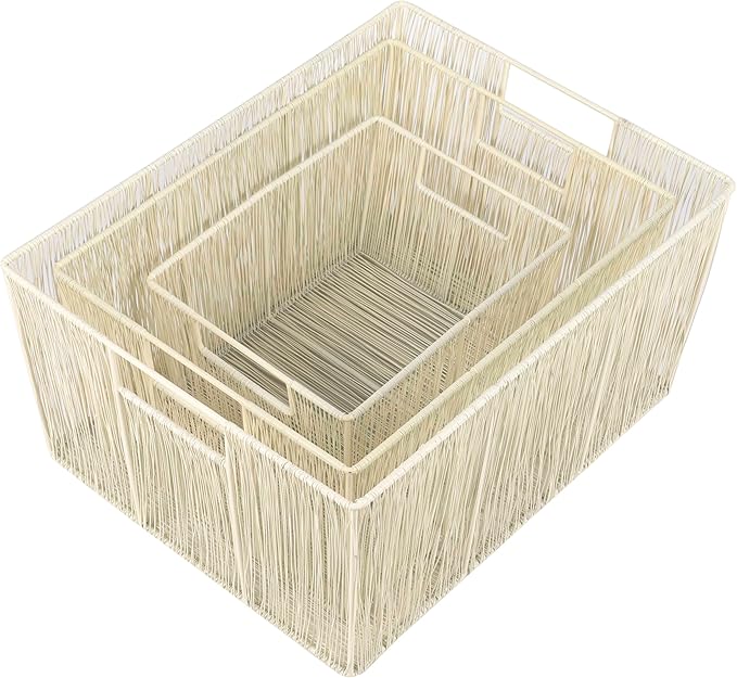 happimess BSK3000C-6SET Sutton Modern Glam Nesting Wire Metal Storage Baskets, for Shelves, Cabinets, Pantry, Countertop, Mesh Open Bin Basket for Organizing Supplies, Almond (Set of 6)