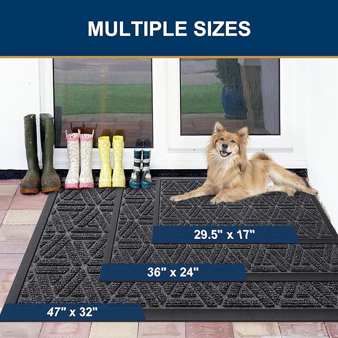 Smiry Front Door Mat Outside Entrance, Heavy Duty Sturdy Natural Rubber Doormat, Trap Dirt and Moisture, Easy Clean Low Profile Mats for Indoor Outdoor Entry, Grid Geometric (29.5x17, Grey)