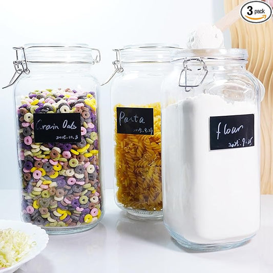 Large Glass Jars with Airtight Clamp Lid 78 OZ, 3 Pack Food Storage Jars Set – Thick Glass Canisters with Silicone Seal, Labels & Marker for Flour, Sugar, Coffee, Pasta, Pantry Organization