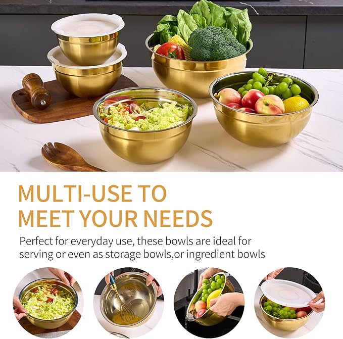 Moxinox Gold Mixing Bowls with Airtight Lids, Stainless Steel Nesting Mixing Bowls Set of 5, Ideal for Baking, Prepping and Serving Food, Size 5.5, 3.6, 2.7, 2.1, 1.5, QT, Stackable Design