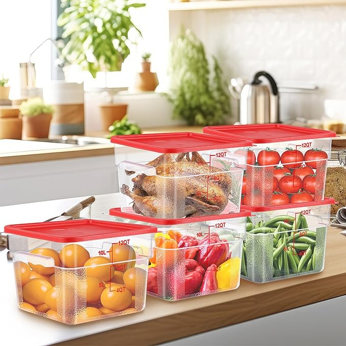 8 Sets Square Food Storage Containers with Lids Dough Proofing Bucket Commercial Polycarbonate Containers with Scale Clear Airtight Cereal for Pantry Home Restaurant (Red,12 Qt)