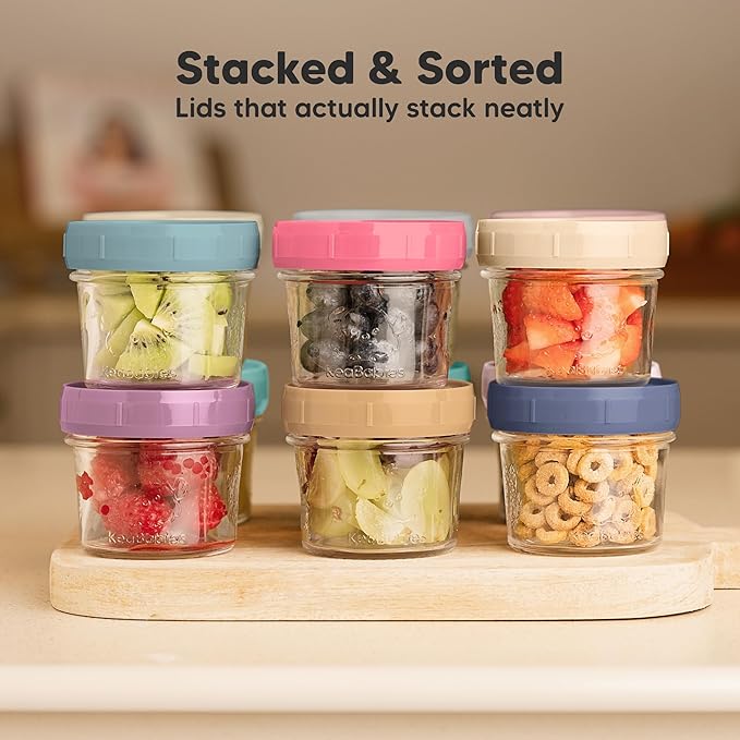 KeaBabies 12pk 4oz Glass Baby Food Containers with Lids - Leak-Proof, Microwavable Small Glass Jars, Baby Purees & Toddler Snack Storage Containers, BPA-Free, Dishwasher & Freezer Safe (Sunset)