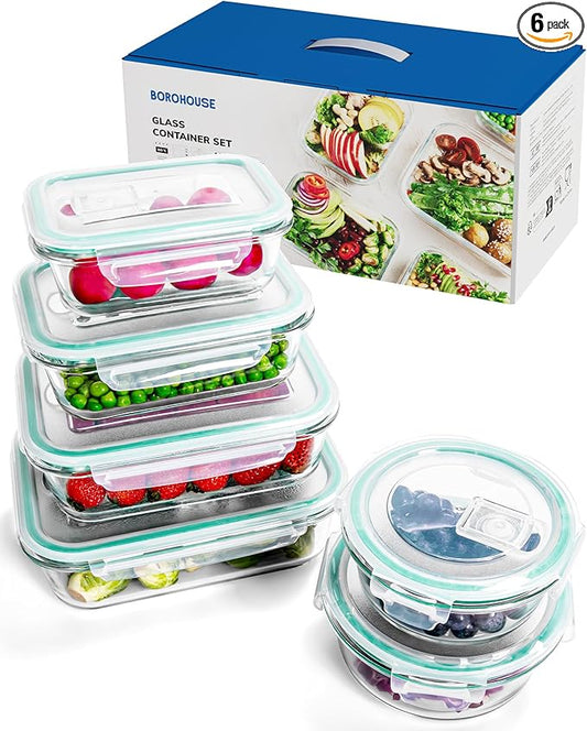 BOROHOUSE 6-Piece Borosilicate Glass Food Storage Containers Set with Airtight Lids - Oven, Microwave & Freezer Safe, Leak-Proof, BPA-Free - Baking, Meal Prep & Gift Ready
