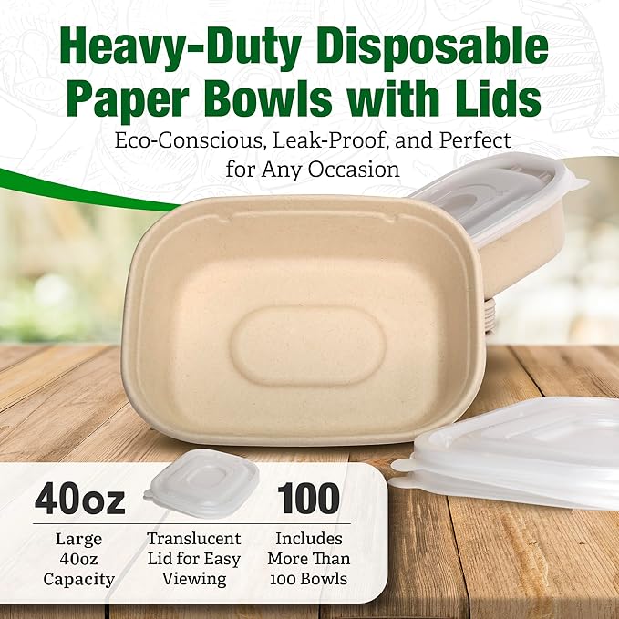 TOPtoper 100 Pack 40 Oz Large Paper Bowls with Lids, Heavy Duty Compostable Paper Bowls for Party, Disposable Bowls Bulk Leakproof and Microwave Safe for Hot/Cold Use