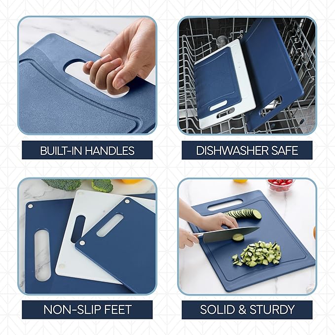 COOK WITH COLOR Non-Slip Cutting Board Set – Kitchen Essentials with Easy Grip Handle for Meat, Veggies, and Fruits, 3 Cutting Boards, Blue and White Marble