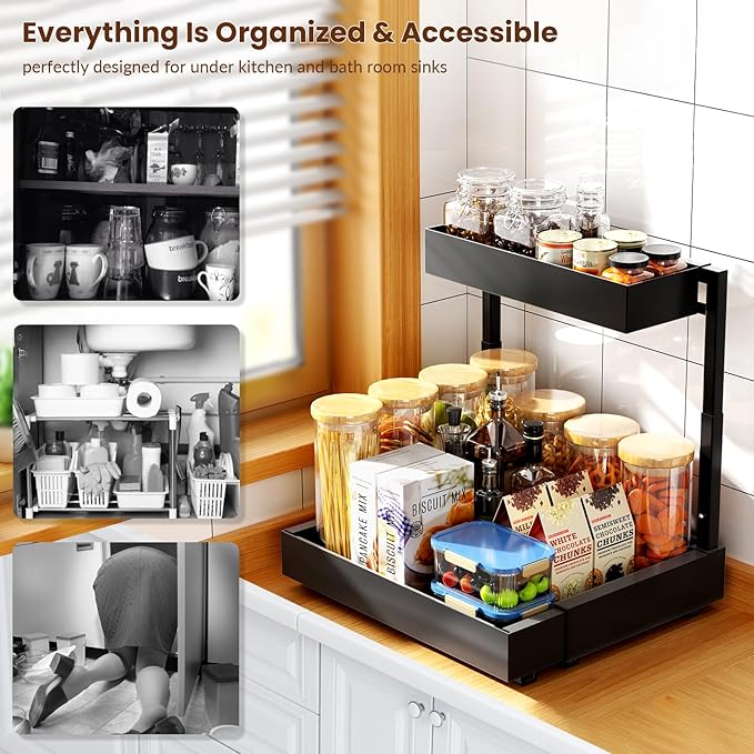 Under Sink Organizer Pull Out, 2 Tier Expandable Under Sink Storage for Kitchen & Bathroom, Adjustable Height (14.4"-18.5") Width (12.2"-20.5"), Heavy Duty 3-Slide Rail System, Black