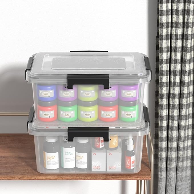 Set of 6 12 Quart Plastic Stackable Storage Bins with Gasket Seal Lids, Watertight Storage Container, Clear Latch Box Tote