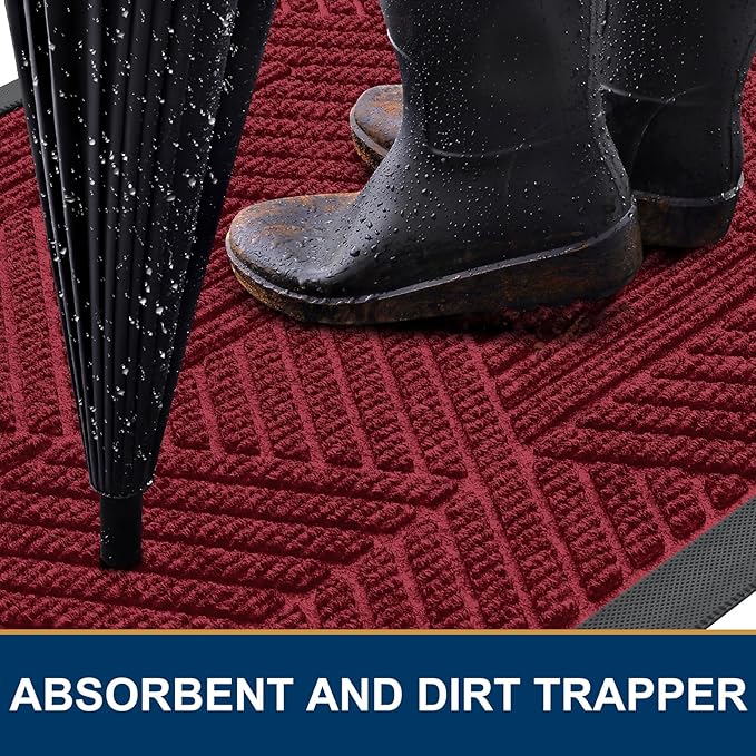 Smiry Front Door Mat Outside Entrance, Heavy Duty Sturdy Natural Rubber Doormat, Trap Dirt and Moisture, Easy Clean Low Profile Mats for Indoor Outdoor Entry, Irregular Triangle (71x47, Wine Red)
