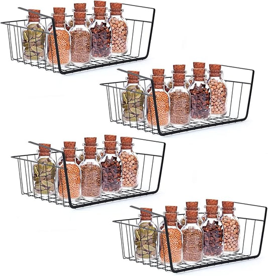 Undershelf Storage Basket Under Shelf Wire Basket Household Metal Under Shelf Hanging Storage Bin Basket Slides Under Shelves for Storage Space Saving for Kitchen Pantry Bookshelf 4 PCS