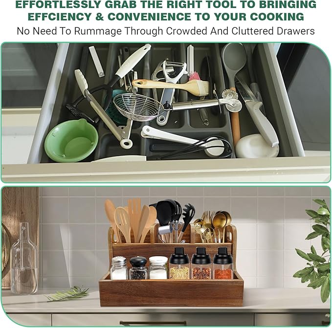 LAGOUPICK Kitchen Utensil Holder for Countertop with 4 Compartments Acacia Large Utensil Holder Wooden Storage for Cooking,Baking,Flatware Tool Kitchen Utensil Organizer