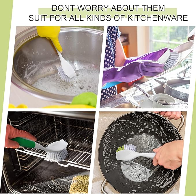 8 Pcs Dish Brush with Handle Kitchen Scrub Brush Pot and Pan Cleaning Brush Dish Scrubber with Stiff Bristle for Cookware Sink Washing Household, 4 Colors, 9.84 x 3.15 x 0.98 Inch
