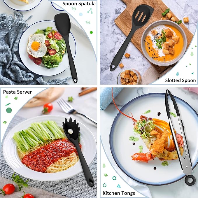 Silicone Kitchen Utensils Set, 16-Piece Silicone Cooking Utensils by Deedro, Heat Resistant Kitchen Tools Set with Holder, Nonstick Spatula Kitchen Gadgets for Cooking & Baking, Black
