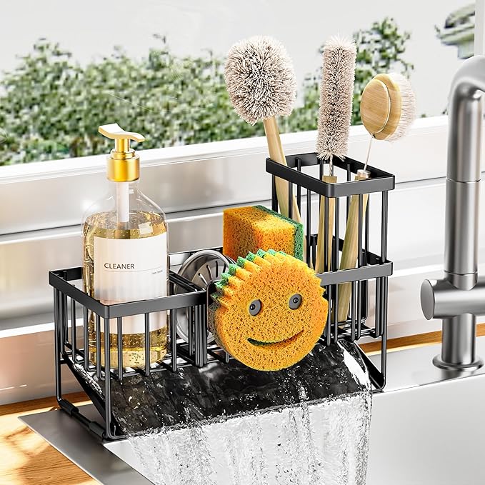 Cisily Kitchen Sink Caddy Organzier with High Brush Holder, Sponge Holder for Sink, 304 Rustproof Stainless, Kitchen Countertop Soap Dispenser Organizer (Black With Smiley Face Holder, 9.25″)