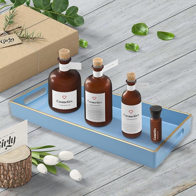 Leemxiiny Blue Bathroom Vanity Tray for Countertop, Small Plastic Toilet Tank Versatile Storage & Organization Tray for Makeup, Perfume, Desk, Kitchen, Candles, 13.7"x6"x1.4", 35BL