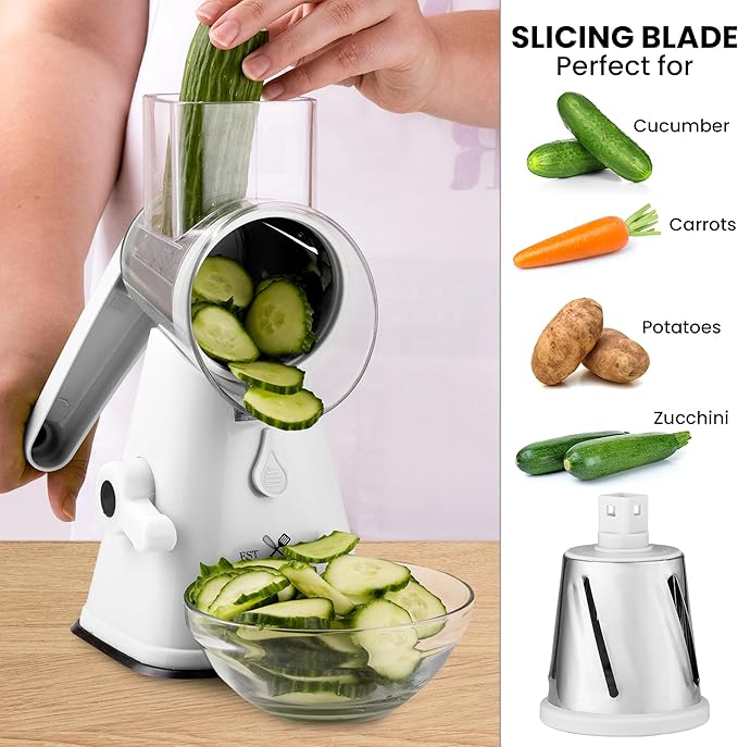 Zulay Kitchen Cheese Grater Hand Crank, Grater For Kitchen With Reinforced Suction - Rotary Cheese Grater With 3 Replaceable Stainless Steel Blades - Easy to Use & Clean - Vegetable Cutter - White