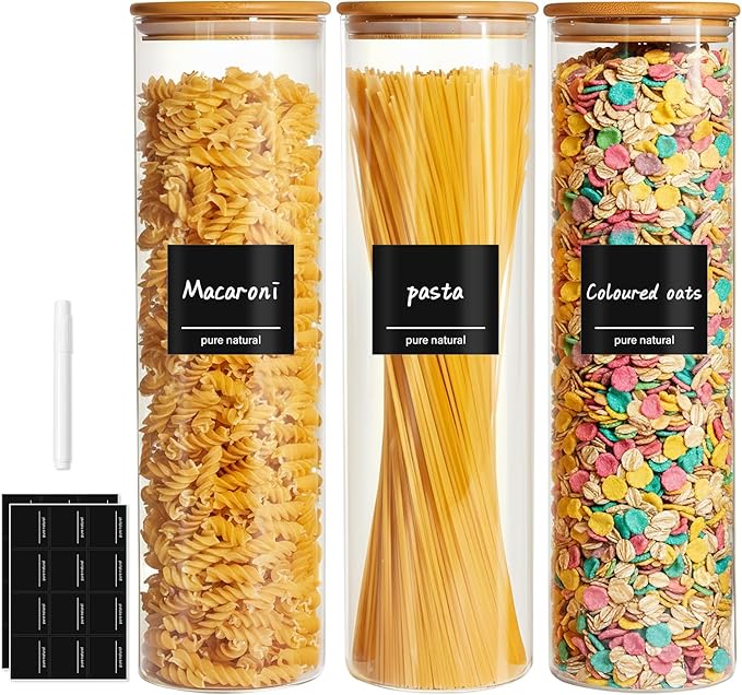 Glass Storage Jars with Bamboo Lids,3pcs Glass Pasta Storage Containers Food Storage with Bamboo Lids for Pasta,Flour,Cereal,Sugar,Cookie