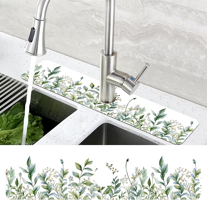 Watercolor Green Branch Leaves Dish Drying Mat for Kitchen Sink Splash Guard Behind Faucet Sink Mat Absorbent Fast Drying Faucet Draining Mat for Bathroom Kitchen 5.5"×24"