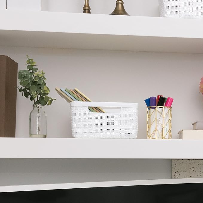 Curver Set of 8 Small 4.5L Jute Decorative Plastic Organization and Storage Baskets - Perfect Bins for Home Office, Closet Shelves, Kitchen Pantry and All Bedroom Essentials, White