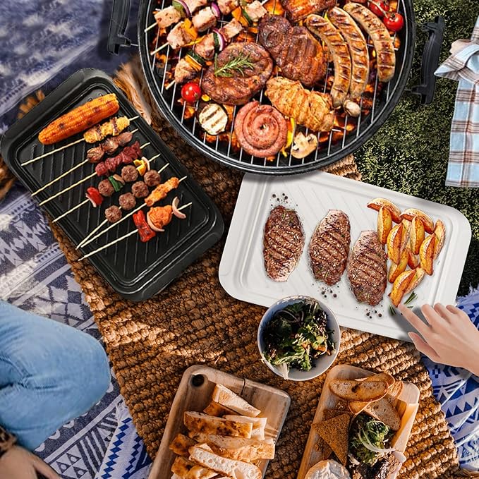 TP Grilling Prep and Serve Trays, 17 x 10.5 inch BBQ Trays for Cooked and Raw Foods, Set of 2 Melamine Serving Platters for Meats, Grill Accessories, Black and White