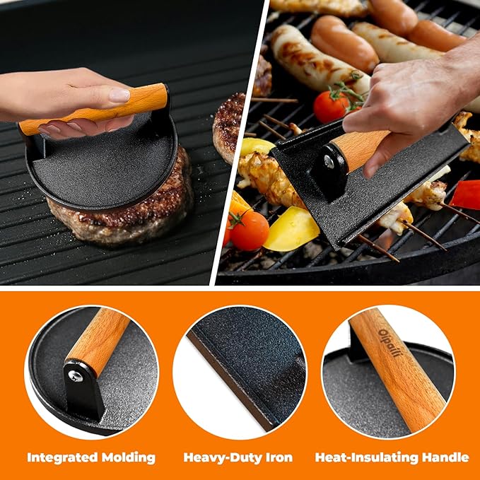 Smash Burger Press Kit for Griddle, 4PCS Heavy-Duty Cast Iron Round Burger Smasher & Rectangle Grill Press Meat Steak Weight for Bacon, Paninis, Hamburger, Sandwich, with Spatula & Seasoning Shaker