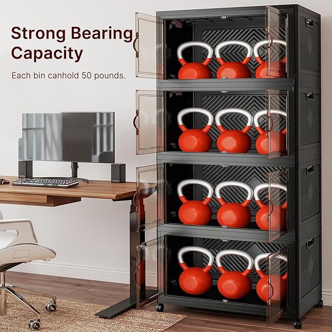 Extra Large Stackable Storage Bins with Lids & Wheels, 1344QT-168QT/42GAL*8Pack Foldable Collapsible Closet Organizers Dark Storage Cabinet with Doors for Bedroom Dorm