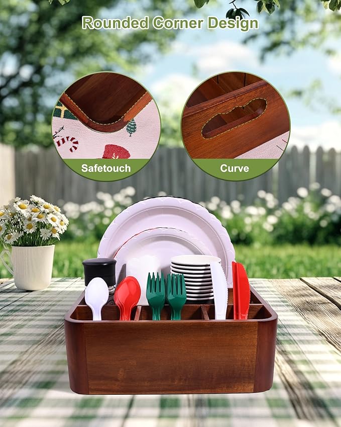 Bonfixe Acacia Wood Utensil Holder, Silverware Organizer Caddy with 4 Anti-Slip Pads, 5 Removable Dividers Utensil Organizer for Kitchen Counter, Party, and Picnic