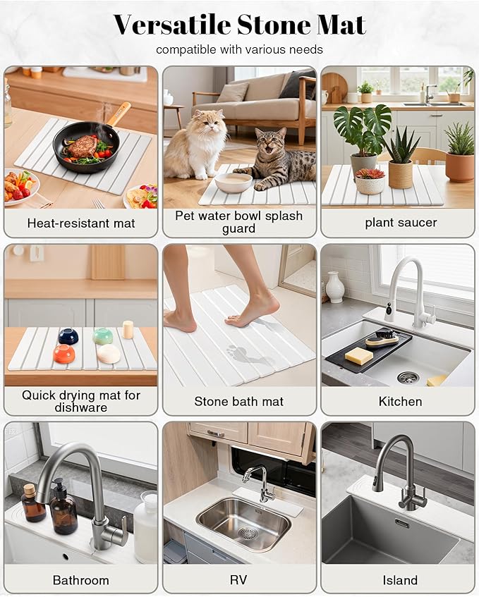 Set of 2 Large Stone Dish Drying Mat for Kitchen Counter + Faucet Mat for Kitchen Sink, Collapsible Fast Drying Diatomaceous Dish Mat, Stone Sink Splash Guard, Water Absorbing Stone Tray for Sink