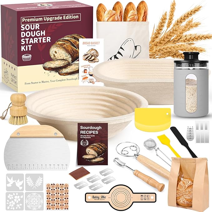 Deluxe Sourdough Starter Kit with Wood Pulp 9" Round & 10" Oval Bannetons & Personalized 34 oz Sourdough Starter Jar Air Flow Lid, Bread Sling Scrapers & Bag Complete Sourdough Bread Baking Supplies