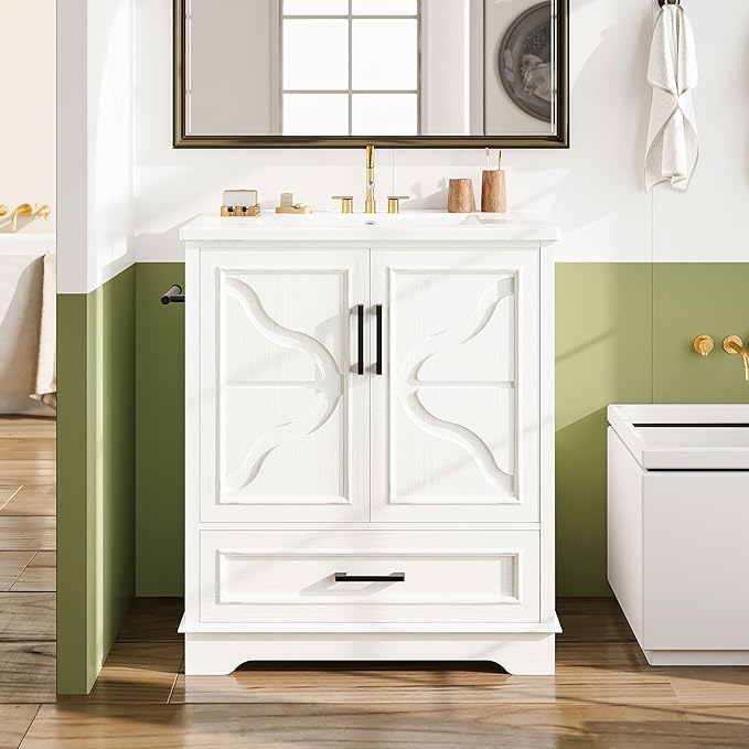 IRONCK 30" Bathroom Vanity with Ceramic Basin,Modern Under Sink Cabinet with 2 Soft Closing Doors and 1 Drawer, Free Standing Bathroom Storage Cabinet with Sink Combo Set,NO Faucet Accessories, White