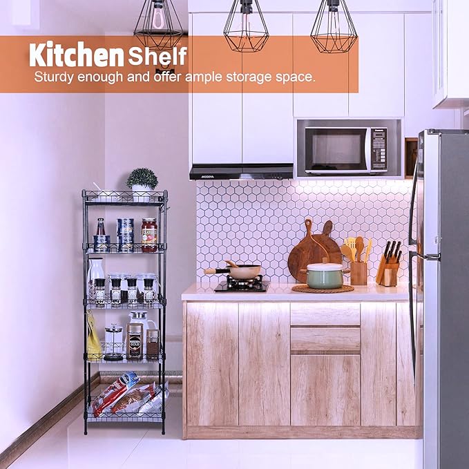 Storage Shelves, 5-Tier Wire Shelving Unit with Baskets Storage Rack Corner Shelf Shelving Adjustable Storage Shelf, 11.8" D x 15.7" W x 63" H, Black