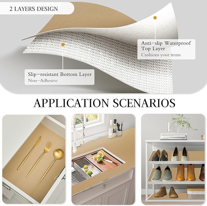 Beautysaid Shelf and Drawer Liner for Kitchen Cabinet, Non Adhesive Non Slip Shelf Paper Waterproof Washable Thickened for Dresser Pantry Shelve Bathroom Protector Liner(Beige,18 in x 10 FT)