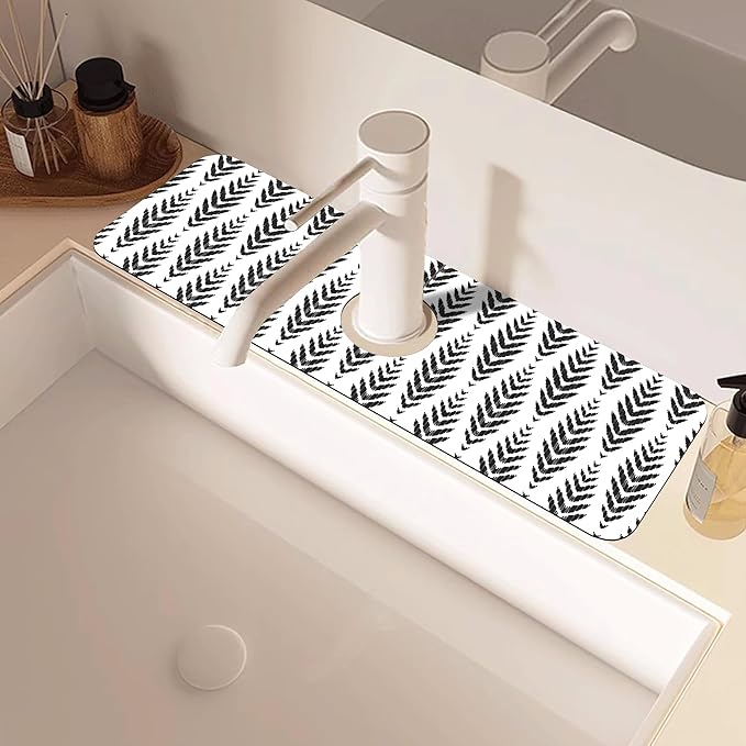 Bohemian Ethnic Herringbone Dish Drying Mat for Kitchen Sink Splash Guard Behind Faucet Sink Mat Absorbent Fast Drying Faucet Draining Mat for Bathroom Kitchen 5.5"×15"