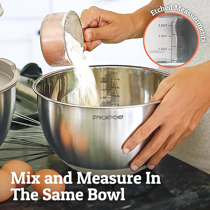 Priority Chef Premium Mixing Bowls With Lids Set, Airtight Lids, Thicker Stainless Steel, Non-Slip Base, 5 Nesting Steel Bowls for Kitchen, Large Prep Metal Bowl Set 1.5/2/3/4/5 Qt, Khaki