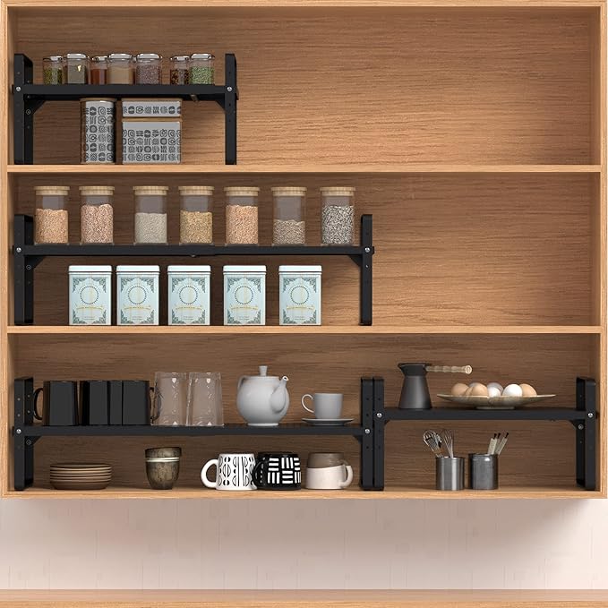 Expandable Cabinet Shelf Organizer Adjustable Metal Spice Rack Stackable Freestanding Counter Storage Shelves for Kitchen Cabinet Under Sink Office Desk (Black - 2Pack - L16.5-27'' * W8'' * H9.6'')