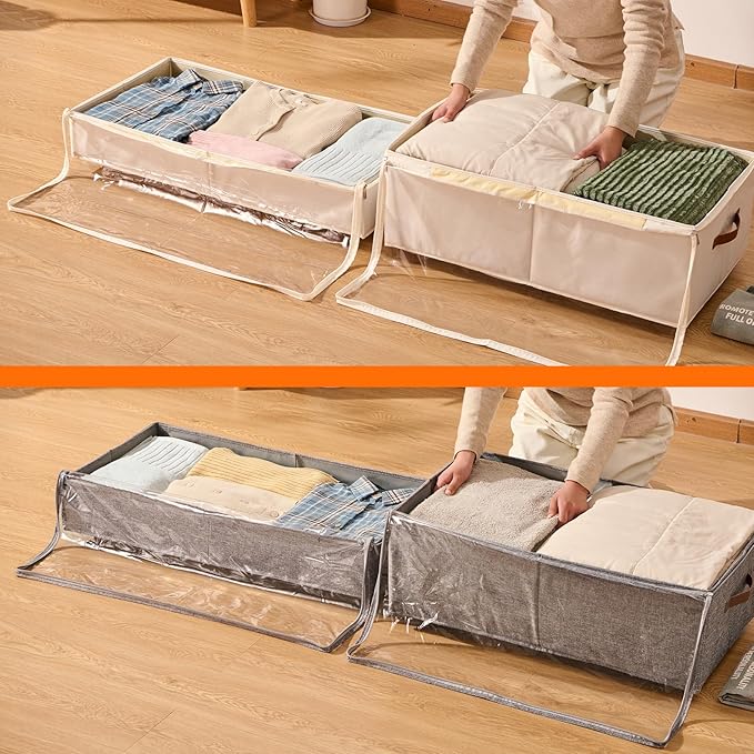 6 Inches Under Bed Storage with Wheels Pack of 2, Underbed Shoe Storage Container Bin with Clear Lid Cover, Rolling Under Bed Drawer Bag Basket for Shoe Organizer Sheet Sweater - Grey