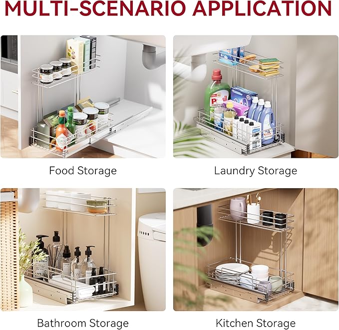 STORKING Under Sink Organizer 9" W X17 D, Pull Out Cabinet Organizer 2 Tier, Under Sink Slide Out Chrome Plated, Under Kitchen Bathroom Sink Organizer, Pantry Cabinet Closet Organization Rack, 2 Pack