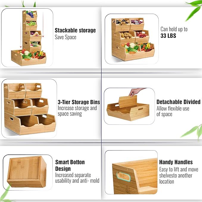 [Upgraded] 3-tier Stackable Bamboo Pantry Storage Bins, Potato and Onion Storage Baskets with Handles, Removable Divider, Pantry Organizer Holder for Kitchen, Office, Cabinet, Fruit Storage