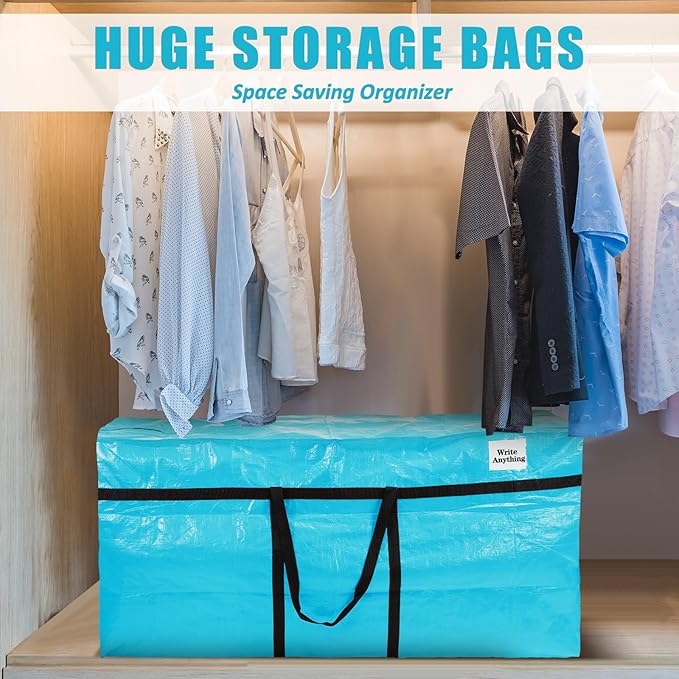 Windyun 4 Pack 57 Gallon Extra Large Moving Bags XXL Heavy Duty Storage Bag with Strong Zipper Handle Jumbo Big Tote Box Foldable for College Dorm Travel Clothes Duffle Blanket Pillow(Lake Blue)