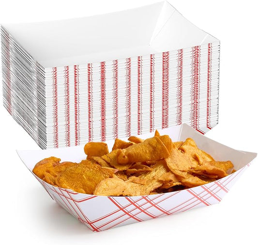 ECOLipak 100 Pack 3lb Paper Food Tray Red, Disposable Paper Boats, Food Holder Trays, Serving Boats for Taco Nacho Hot Dog Snack Fries Dessert Popcorn Sauce