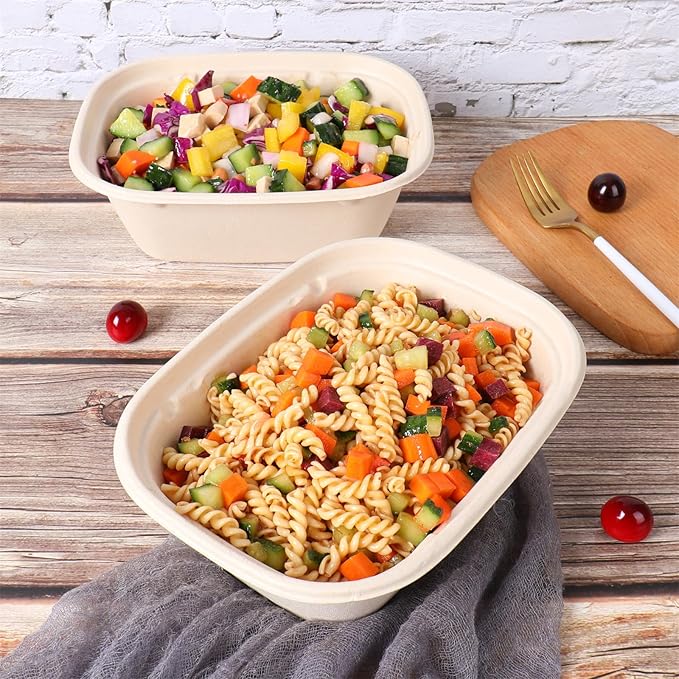 JAYEEY 44 oz Disposable salad bowls with lids, Sugarcane Fiber Paper Bowls take away Bagasse food containers meal prep deli container 50 Pack