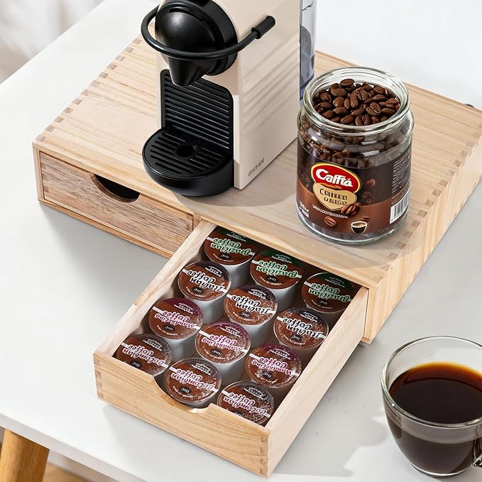 QYJinlida Wooden K Cup Organizer Coffee Pod Storage Box, Coffee Pod and Tea Bag Holder,Kcup Drawer Coffee Maker Stand,Home Kitchen Counter Holds Up to 30 Pods Capacity (2 Drawer) (Natural Wood Color)