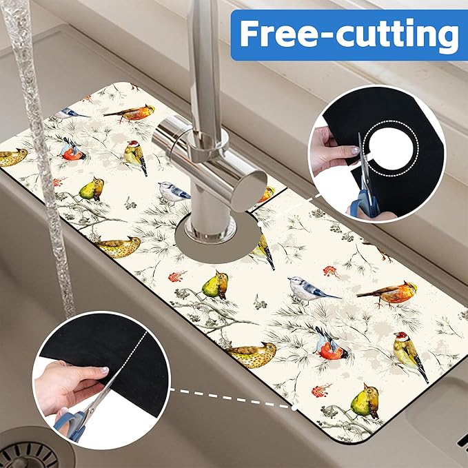 Vintage Watercolor Birds Dish Drying Mat for Kitchen Sink Splash Guard Behind Faucet Sink Mat Absorbent Fast Drying Faucet Draining Mat for Bathroom Kitchen 5.5"×15"