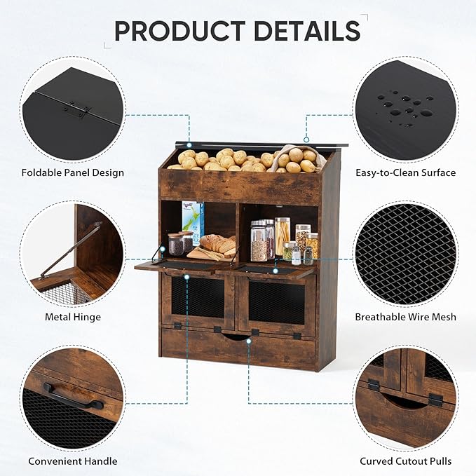 Verano Garden Large Potato Storage Bin, Wooden Bread Box with Lid, Potato and Onion Storage Bin with 4 Mesh Doors & Removable Drawer, Kitchen Fruit and Vegetable Storage Cabinet(Rustic Brown, 31.5")