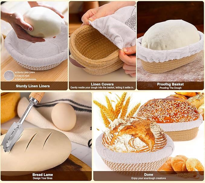 SavEase Sourdough Bread Baking Supplies, Complete Sourdough Starter Kit, 9" Round & 10" Oval Bread Proofing Basket with Sour dough Starter Jar, Bread Making Tools Gifts for Bakers Women Wife Mom