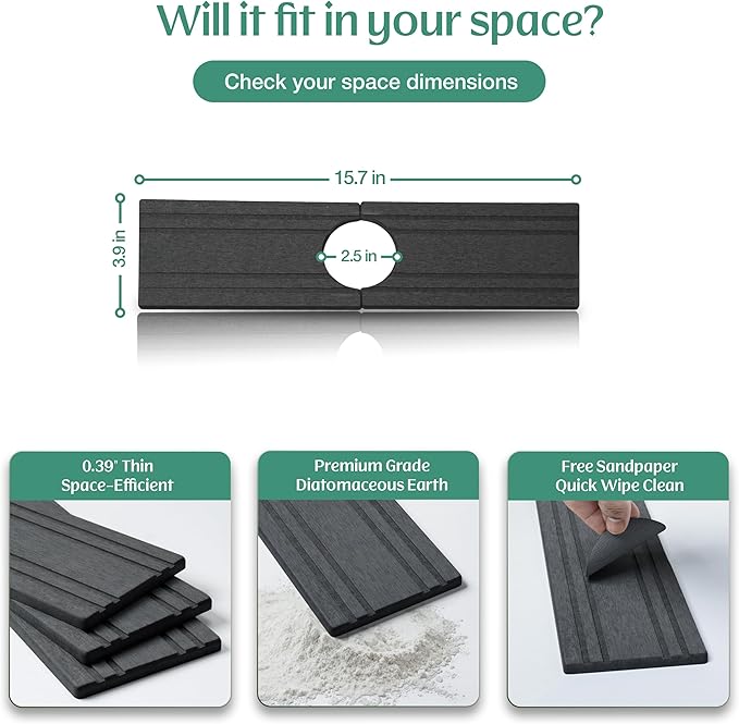 Stone Faucet Mat for Kitchen Sink Splash Guard 15.7" x 3.9" with 2.5" Center Hole | Dark Grey Diatomite Drying Stone Mat | Non-Slip Stone Tray for Kitchen Counter with Premium Texture