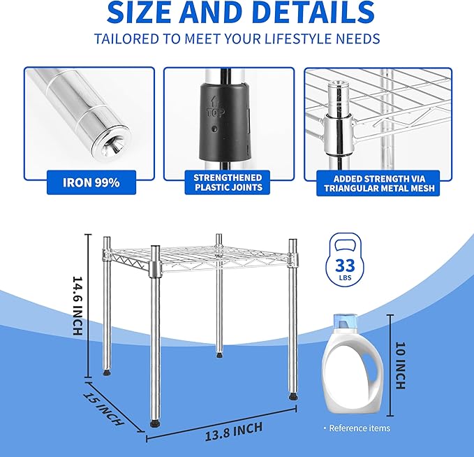 YSSOA 1-Tier Shelving Unit, 15" W x 13.8" D x 15" H Wire Metal Stackable Storage, Chrome