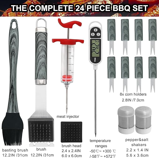 grilljoy 24PCS BBQ Grill Tools Set with Meat Thermometer and Injector - Extra Thick Stainless Steel Fork, Spatula& Tongs - Complete BBQ Accessories in Aluminum Case - Perfect Grill Gifts for Men Grey