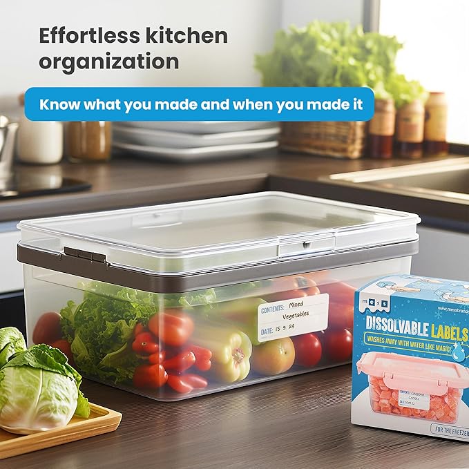 MESS Dissolvable Freezer Labels – 500/Roll Blank Removable Labels for Containers, Food Storage, Bottles, Jars, and Freezer Use (500, 1x2)